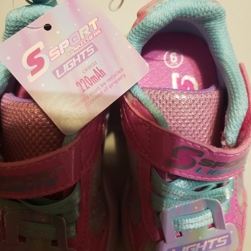 Skechers Kids Pink Glitter Light-Up Sneakers with Teal Accents - Picture 5 of 7
